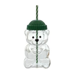 Glass Bear Cup With Straw Green Beanie Bear-Shaped Cuddly as the Bearista 20 oz